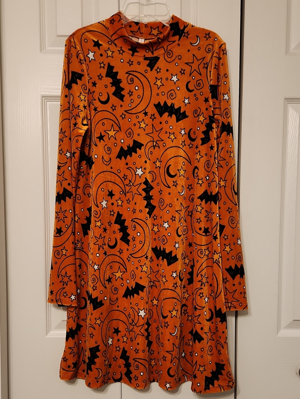 Velvet Halloween Mockneck Orange Moon, Bat, And Stars Swing Dress